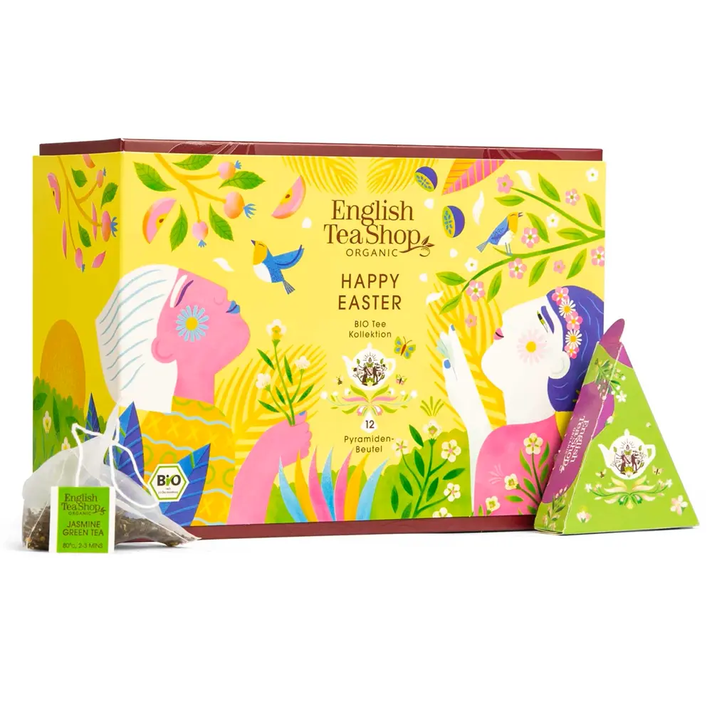 Geschenkbox "Happy Easter"  BIO Tee Kollektion, 12 Pyramiden Beutel