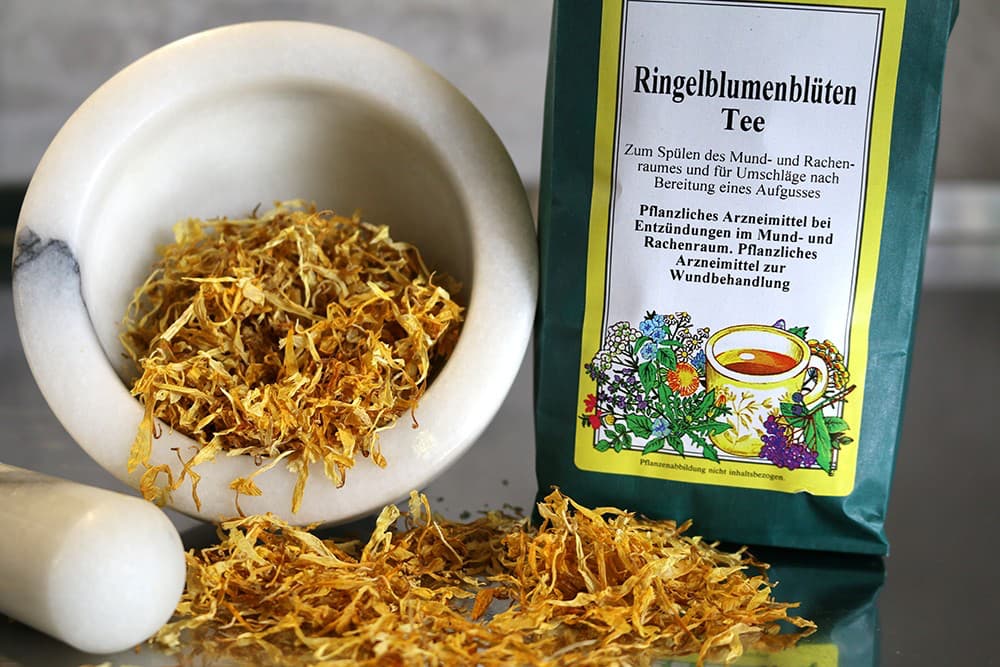 arzneitee-ringelblumenblueten-s Ringelblumenblüten Tee, 40g (Pflanzliches Arzneimittel zur Wundbehandlung)