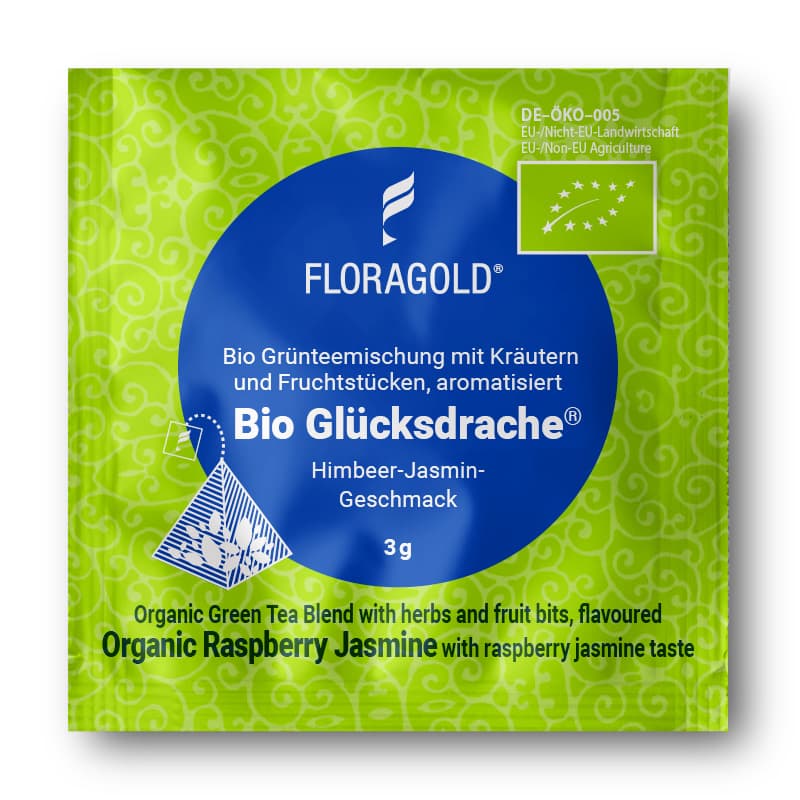 gruener-tee-gluecksdrache-eine-pyramide-s Ein Pyramidenbeutel  Glücksdrache, Bio, (Grüner Tee), 3g