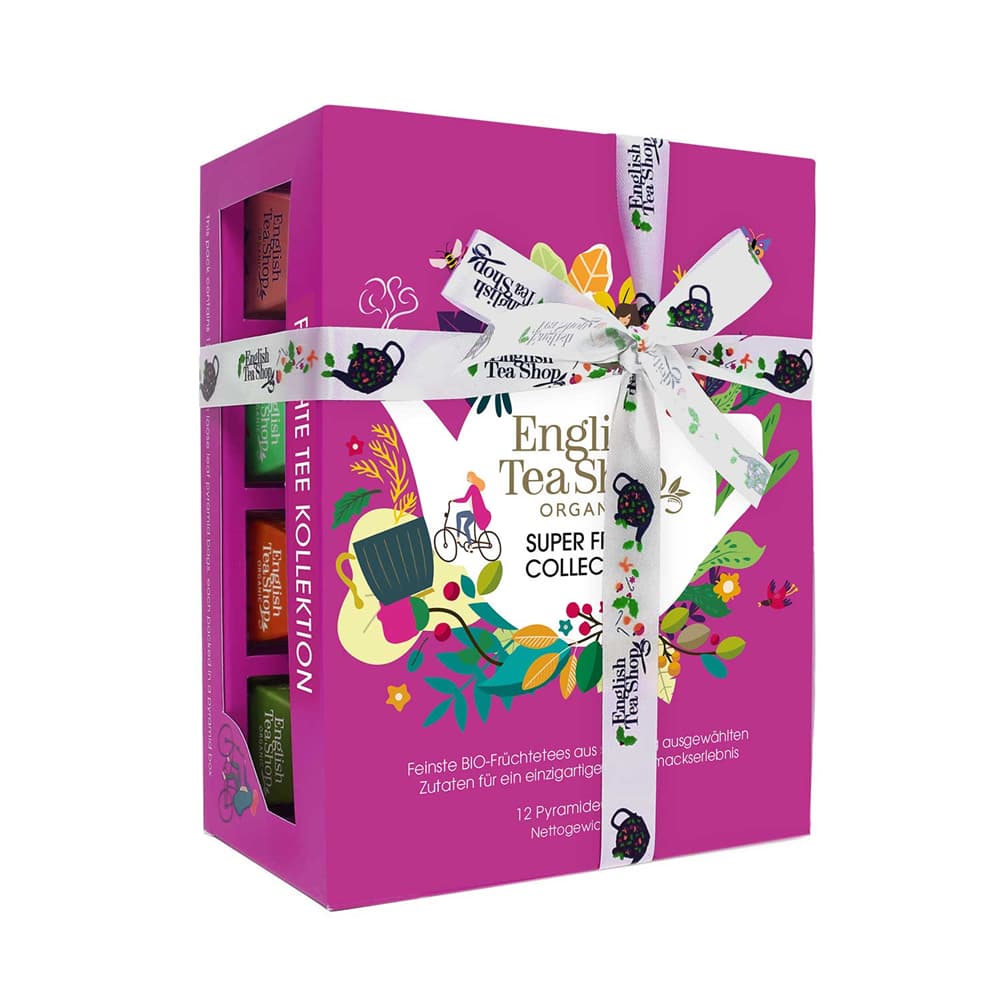 Teegeschenk mit Schleife "Super Fruits Tee Kollektion", BIO, 12 Pyramiden-Beutel Teegeschenk mit Schleife "Super Fruits Tee Kollektion", BIO, 12 Pyramiden-Beutel