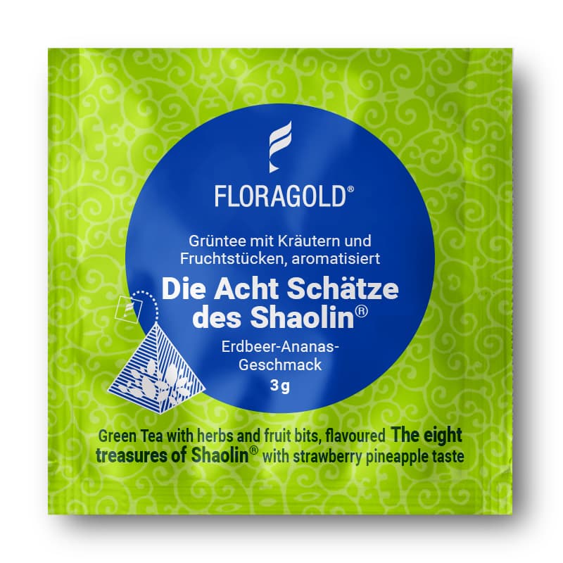 gruener-tee-acht-schaetze-des-shaolin-eine-pyramide-s Ein Pyramidenbeutel Die acht Schätze des Shaolin (Grüner Tee), 3g